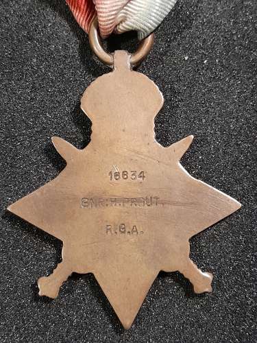 1914 star 16634 GNR H PROUT R.G.A  (Casualty)
