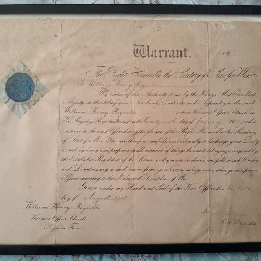 CSM William Henry Reynolds Devonshire Regiment promotion warrant 1915
