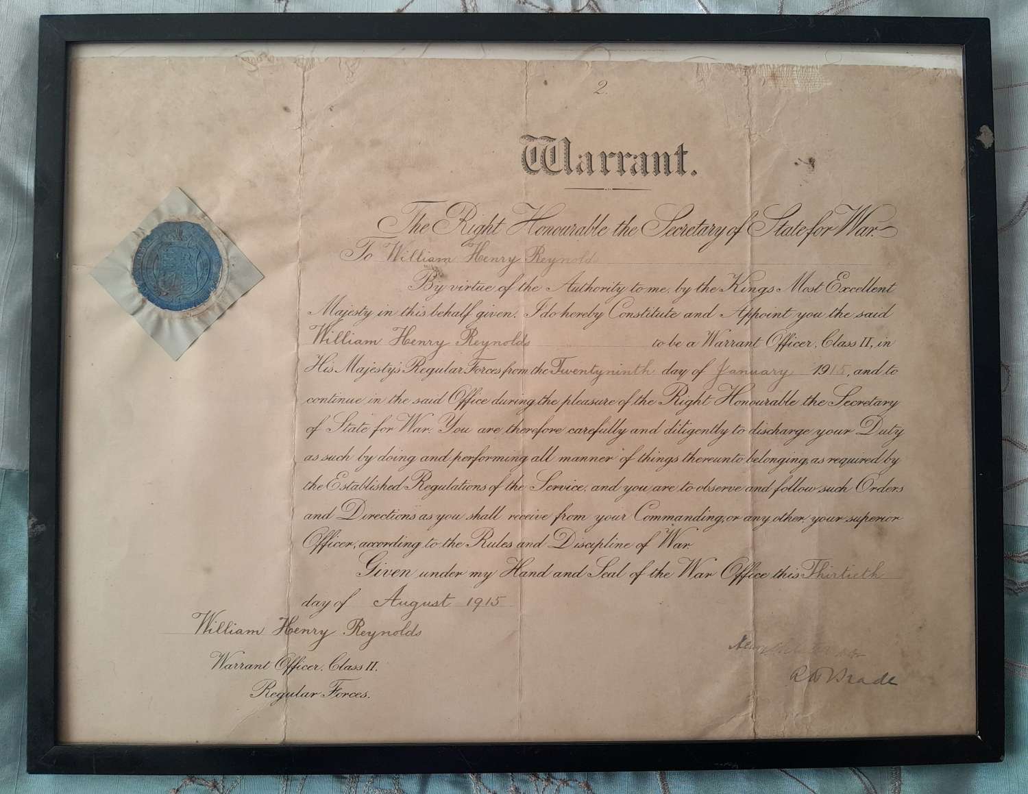 CSM William Henry Reynolds Devonshire Regiment promotion warrant 1915