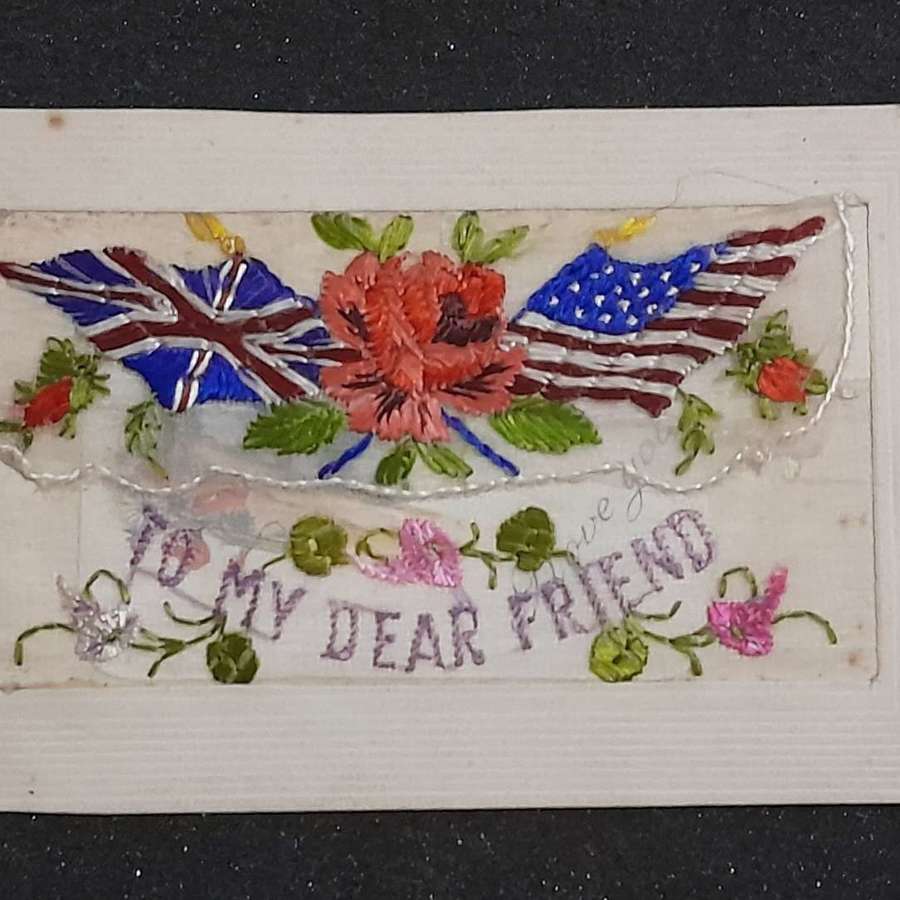 WWI Silk Postcard depicting British and American Flags