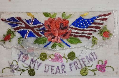 WWI Silk Postcard depicting British and American Flags