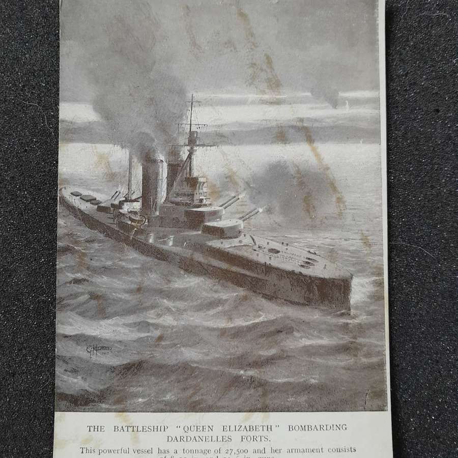WWI Postcard Battleship of Queen Mary Bombarding the Dardanelles Forts