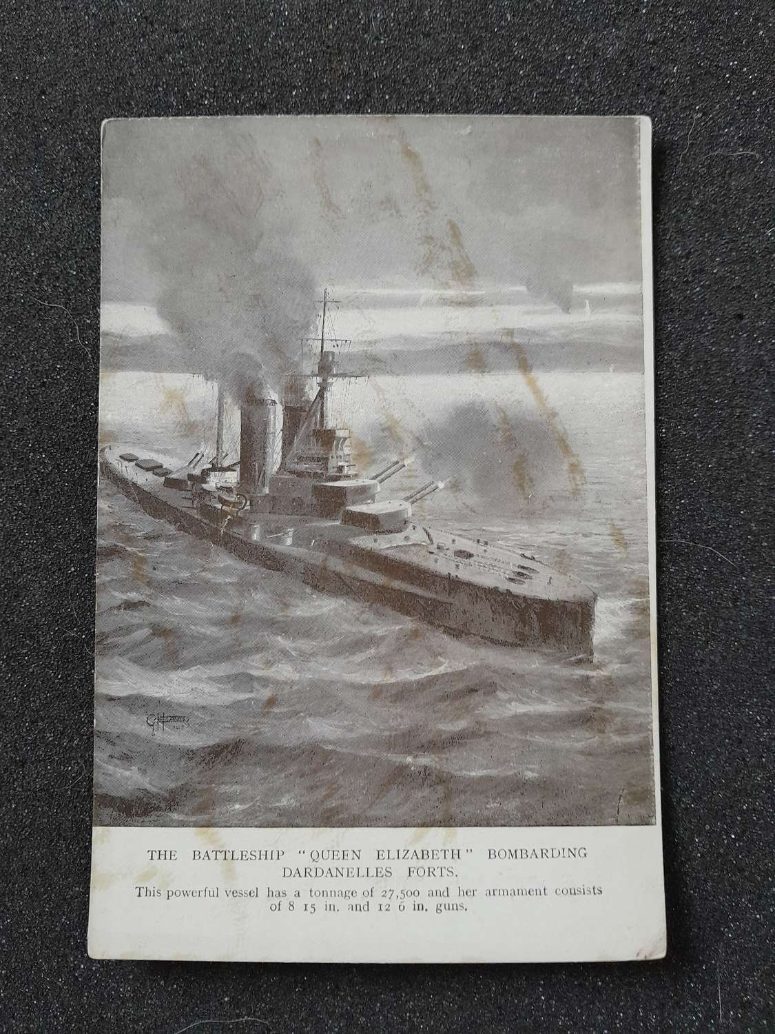 WWI Postcard Battleship of Queen Mary Bombarding the Dardanelles Forts